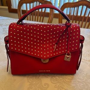 Brand New Michael Kors, Red leather gold studded satchel handbag w/strap.
